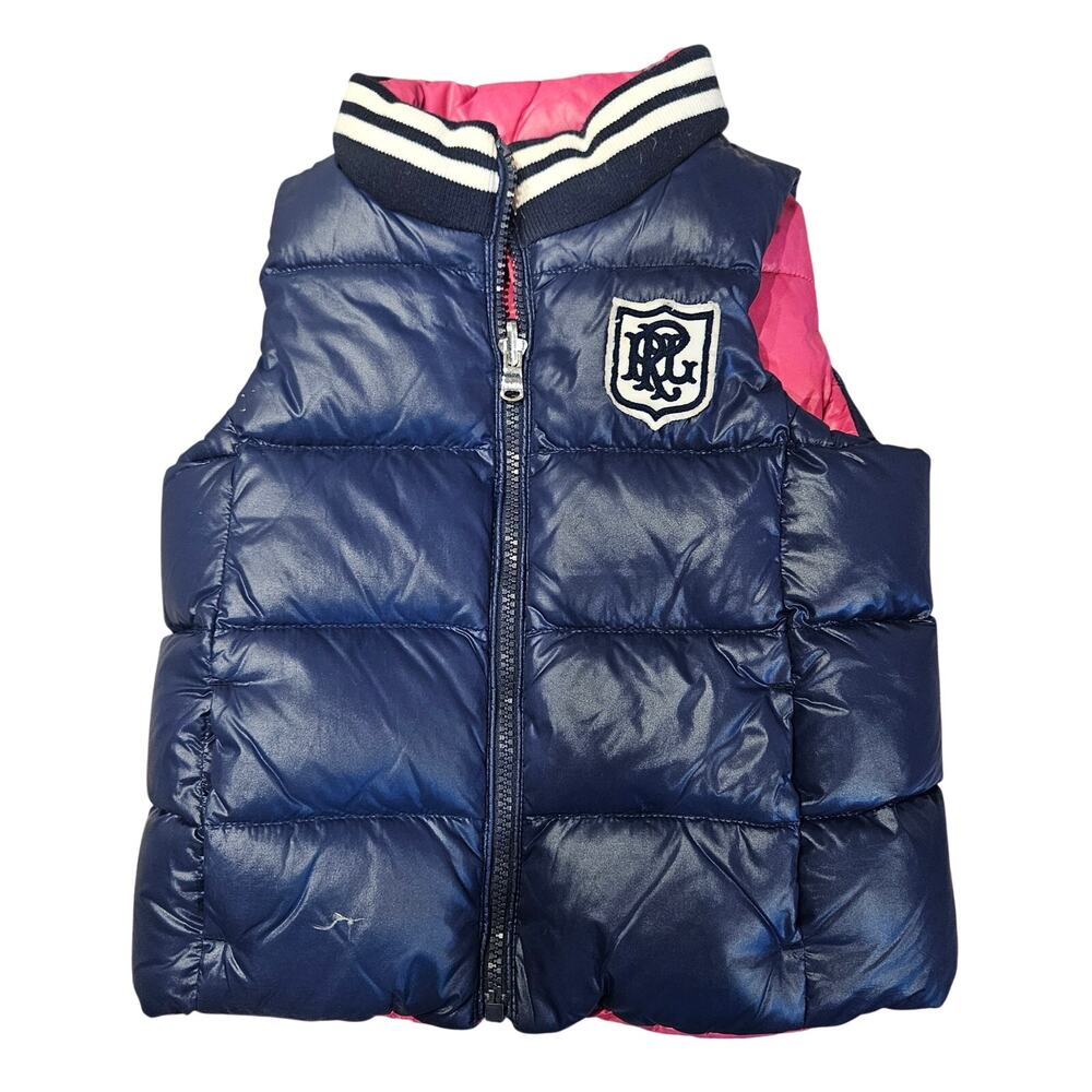 Polo Ralph lauren girls 4t down puffer vest reversible monogram crest blue pink